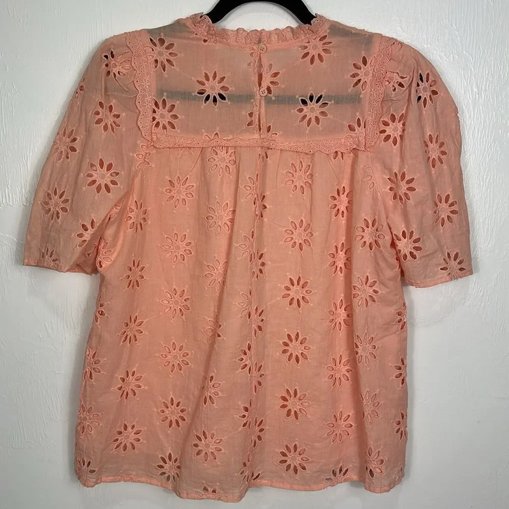 Entro Cotton Eyelet Embroidered Short Sleeve Top Blouse In Peach Size M - Picture 4 of 10